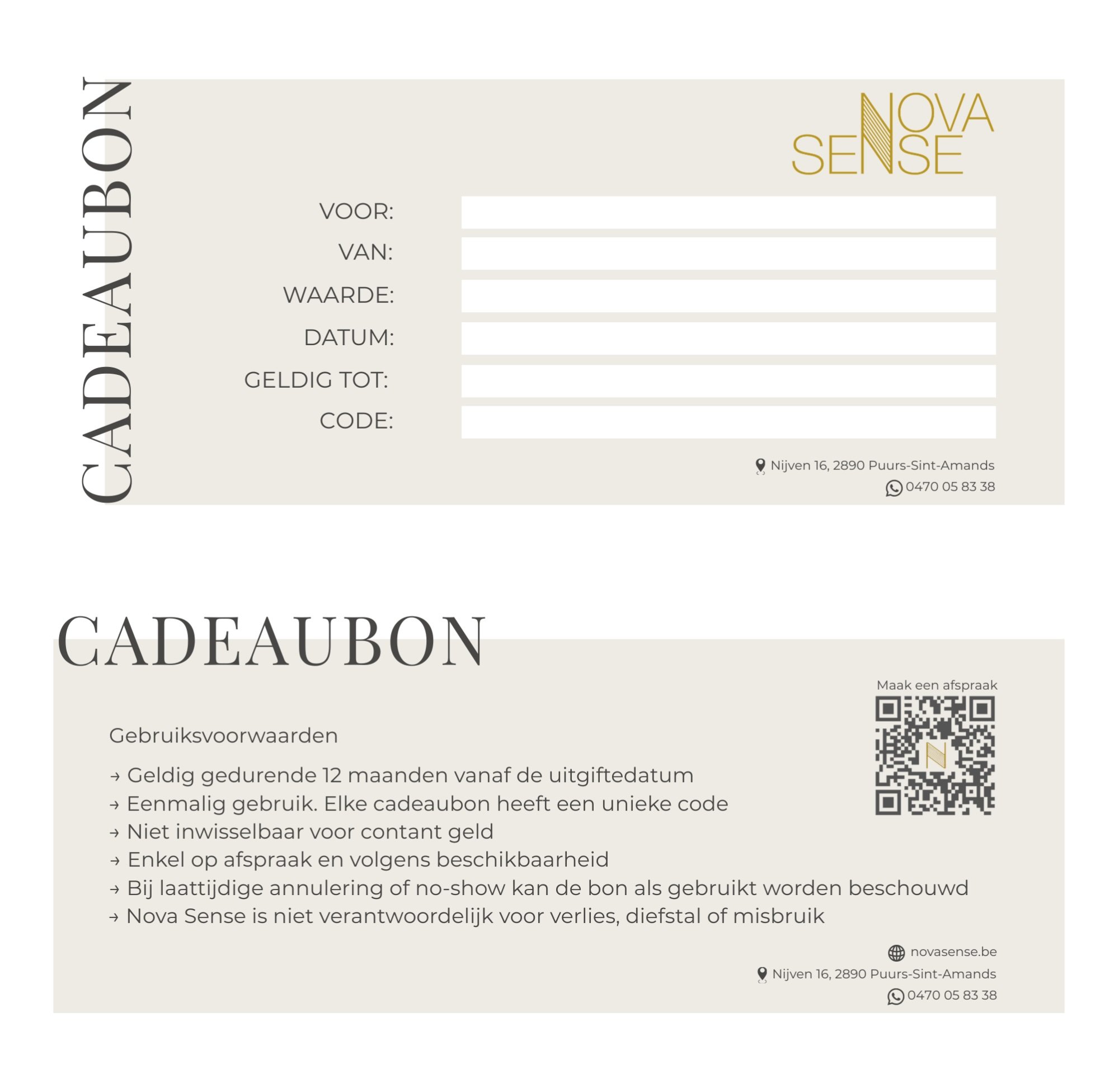 Nova Sense cadeaubon - voorkant en achterkant met gebruiksvoorwaarden