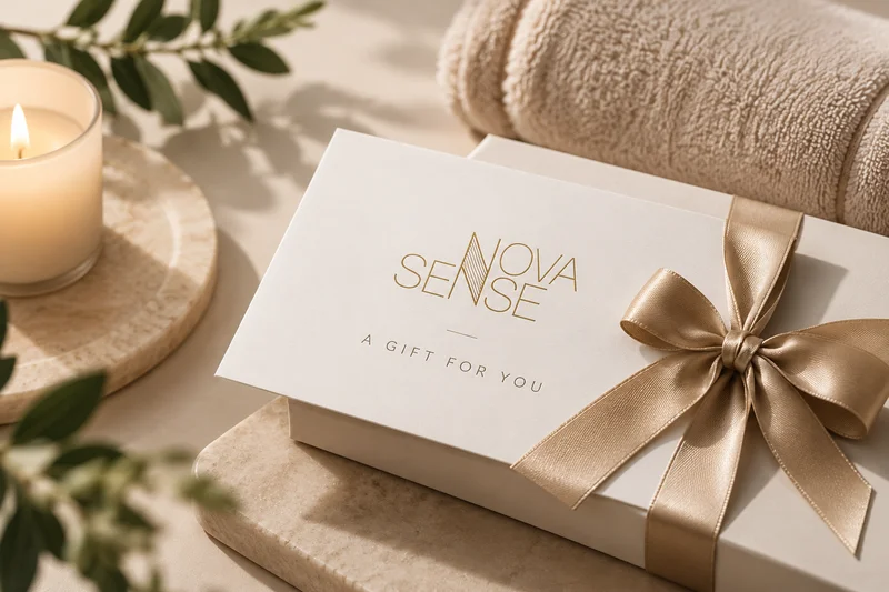 Nova Sense cadeaubon, ingepakt cadeaudoosje met gouden strik