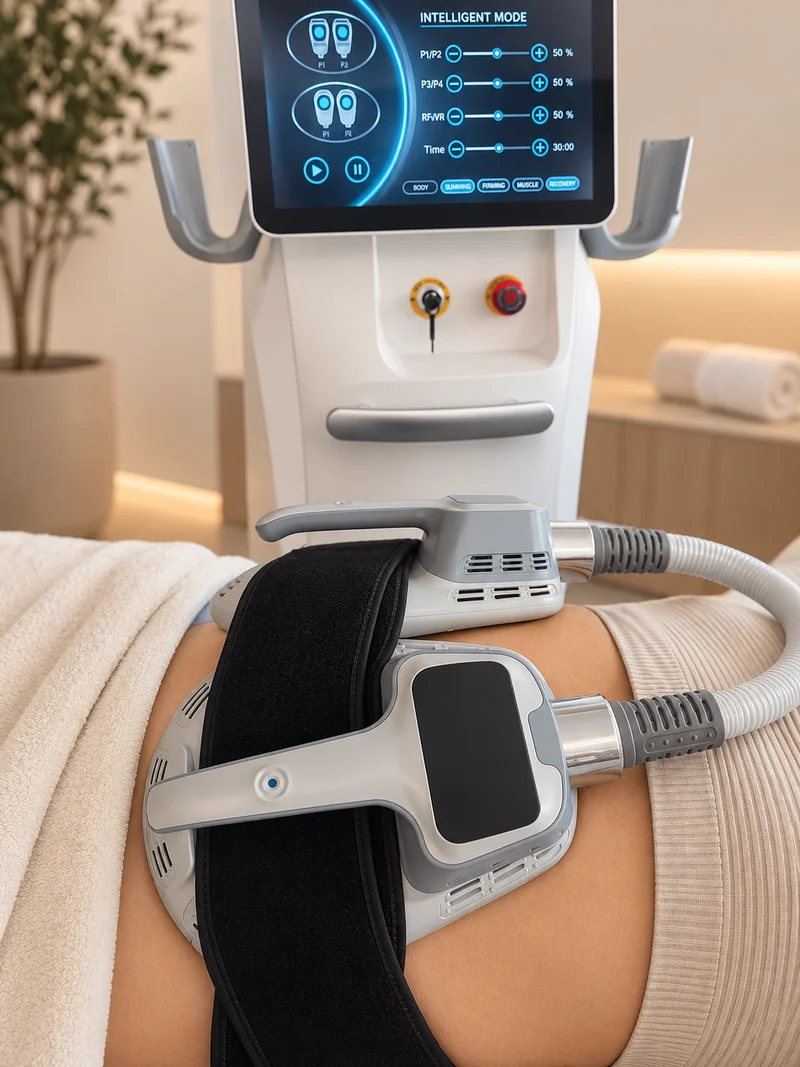EMS Shaping behandeling bij Nova Sense, applicators op de buik met bedieningsscherm