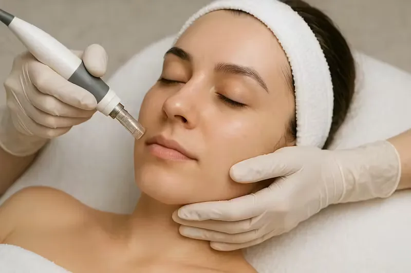 Microneedling-behandeling van het gelaat, met een pen-toestel op de wang